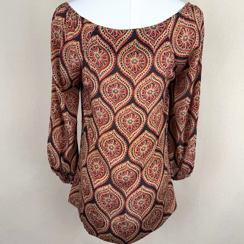 Nougat London Silk Boho Luxe Art Girl Blouse Medallion Print Top Small - Picture 4 of 8